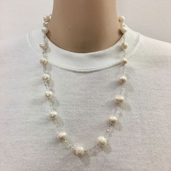 Baroque Pearl Necklace White Pearls AB Glass Beads Silver Tone Rosary Link 23in - Picture 3 of 10